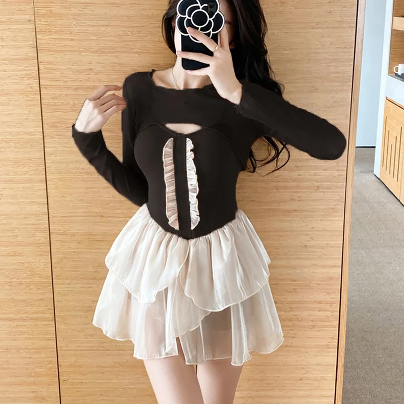 2023 Summer Strap V-Neck Pure Desire High Waist Panel Ruffle Edge Long Sleeve Cover Up Sun Protection Two Piece Skirt Swimwear