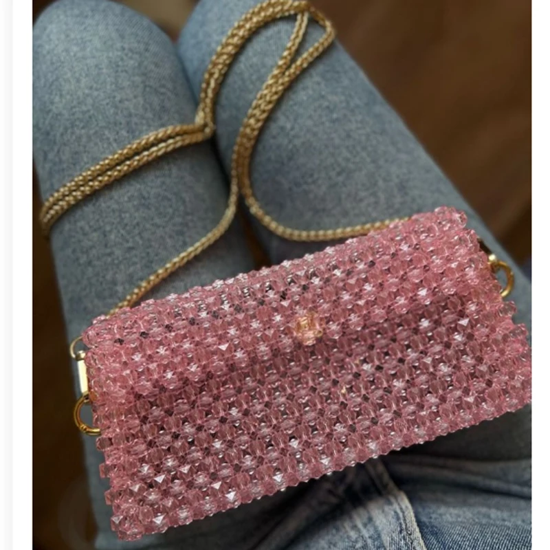 Popular Designer Brand Acrylic Beaded Dinner Bags New Ins Pink Woven Chain Women's Shoulder Bag Customization Ladies Handbag