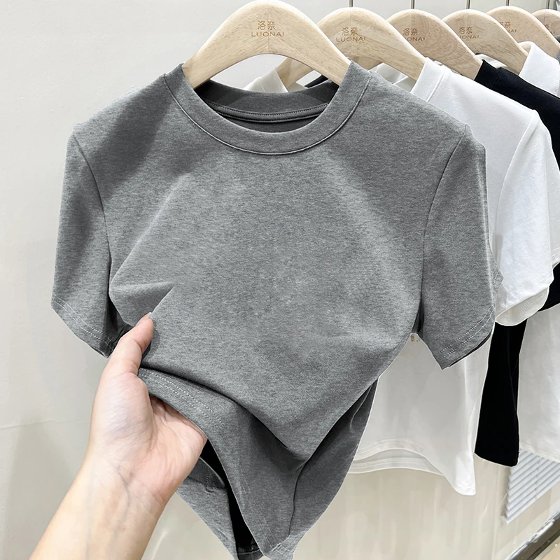 Vintage Solid Color T Shirt Women Y2k Crop Top O-neck Tee Streetwear Short Sleeve T-shirt Summer New Skinny Casual Tops