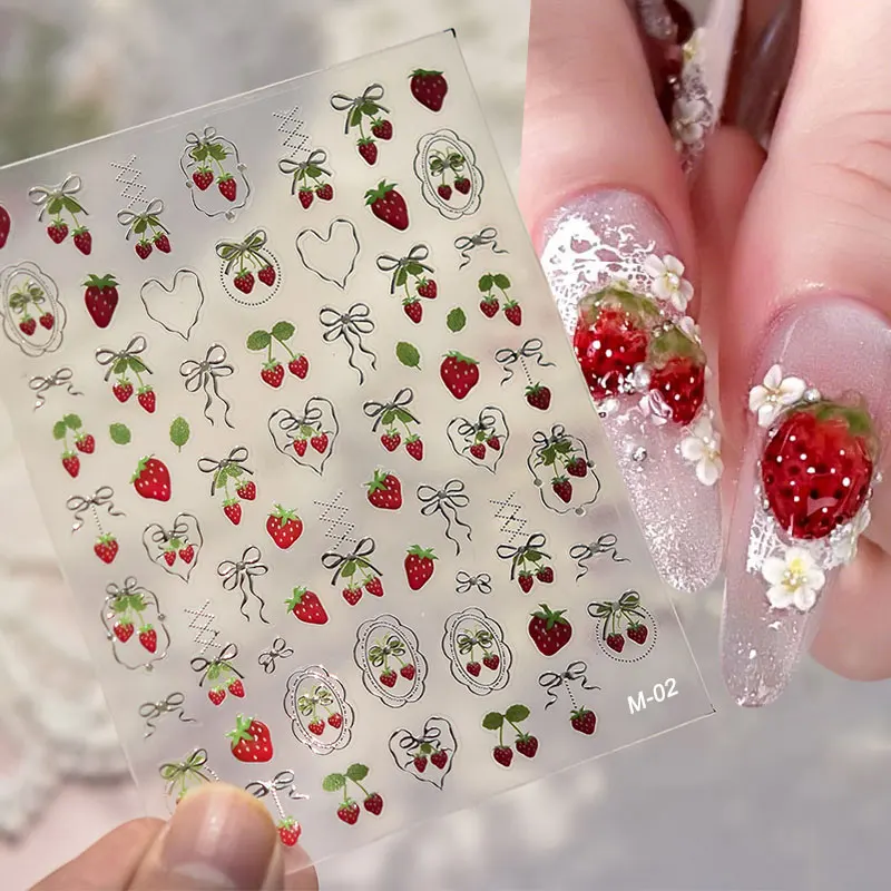 

1/2PC 5D Bronzing Silver Bowtie Strawberries Nail Decals Sweet Strawberry Bow Nail Art Stickers Summer Fruit Adhesive Nail Decor