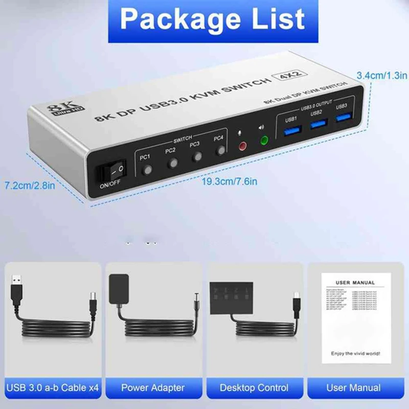 8K@60Hz USB3.0 Displayport KVM Switch 2 Monitors 4 Computers, 4 Port DP1.4 Dual Monitor DP KVM Switch With Audio