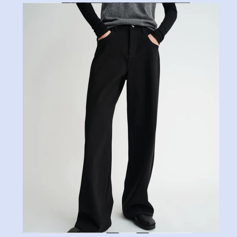25 year autumn and winter retro casual stone washed elastic thick fleece straight leg wide leg jeans
