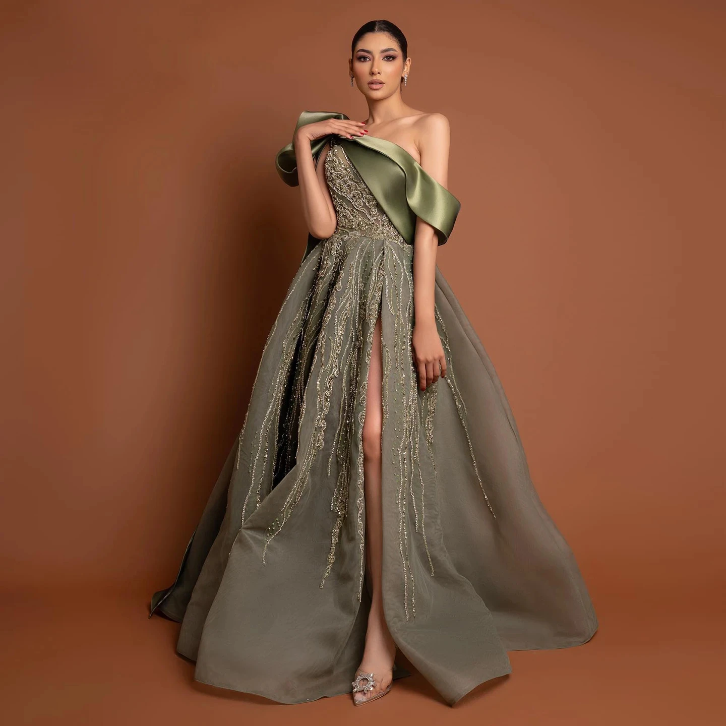 

Jancember Dubai One Shoulder Olive Green Arabic Evening Dress With Cape Sleeves Side Slit Wedding Party Gowns Sz323