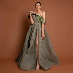 Jancember Dubai One Shoulder Olive Green Arabic Evening Dress With Cape Sleeves Side Slit Wedding Party Gowns Sz323