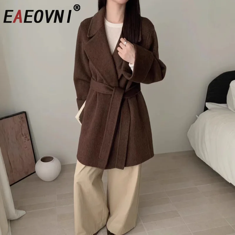 

EAEOVNI Fashion Double Wool Jacket Women Lapel Solid Color Belt Gathered Waist Coat Office Lady Autumn Winter New Clothing
