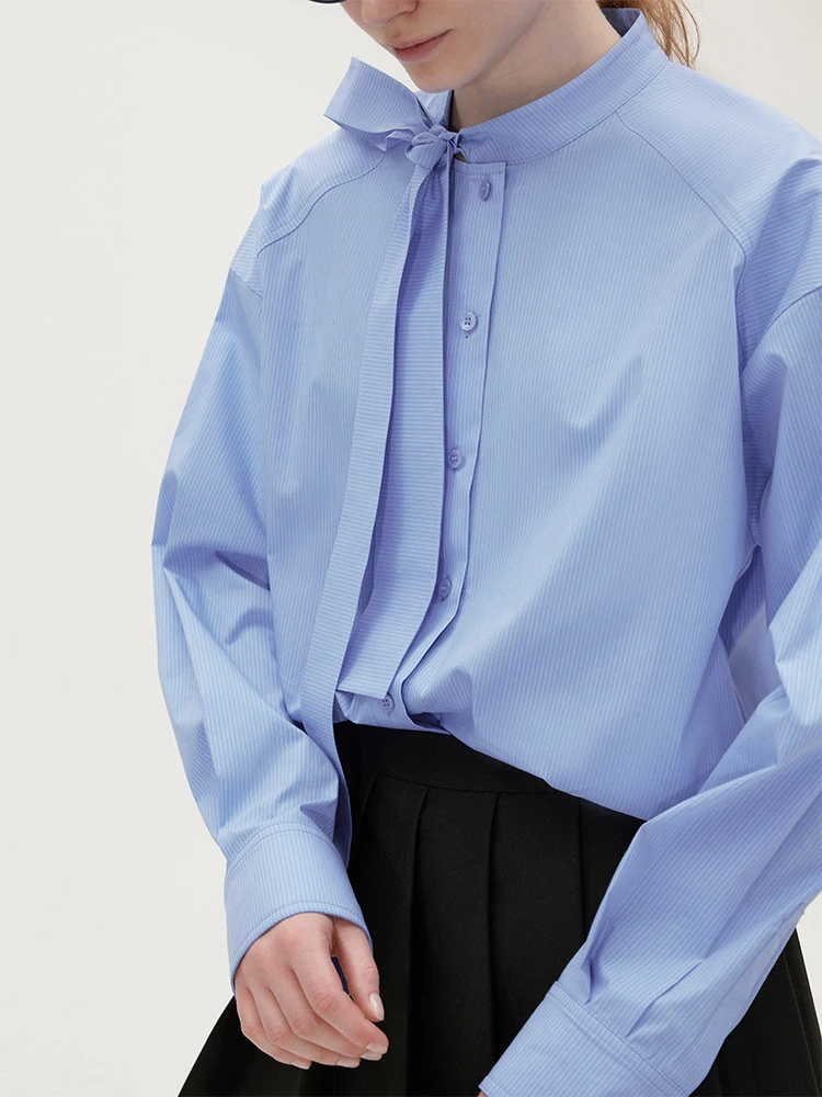 

Fano Studios Blue Long Sleeve Women's Shirt Knot Design Spring New Style Commute Friendly Breathable Cotton Blend