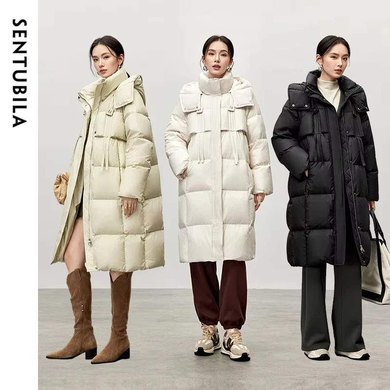 

SENTUBILA 90% White Duck Down Coat for Women 2024 Winter Oversize Hooded Stand Neck Warm Long Coat Outerwear Ladies W44Y57033