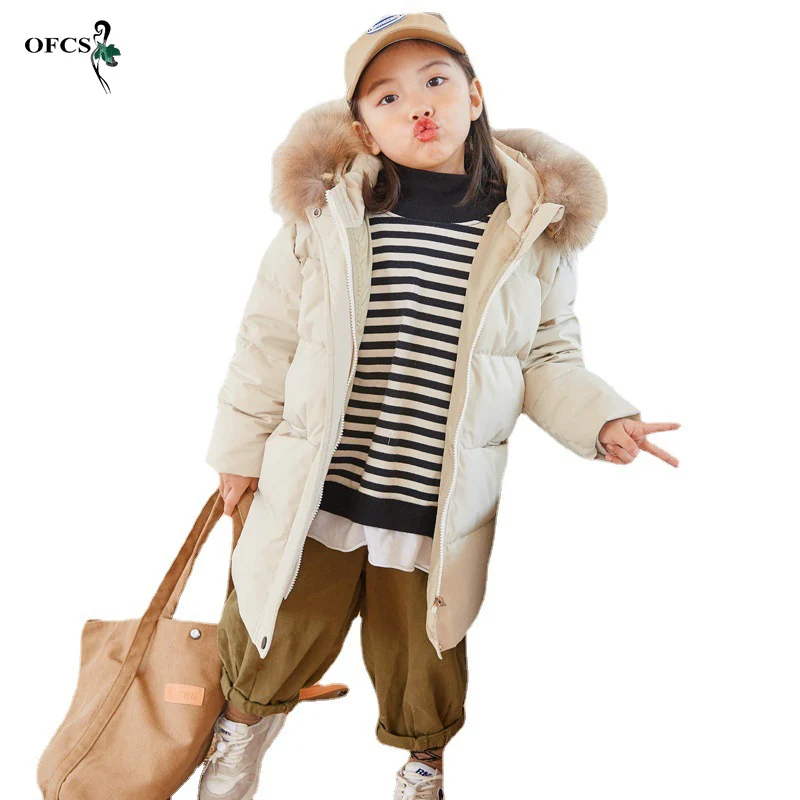 

Real Winter Fur Collar White Duck Down Children Midi Length Down Jacket New Warm Hooded Thicken Coat Baby Clothes Snowsuit Parka