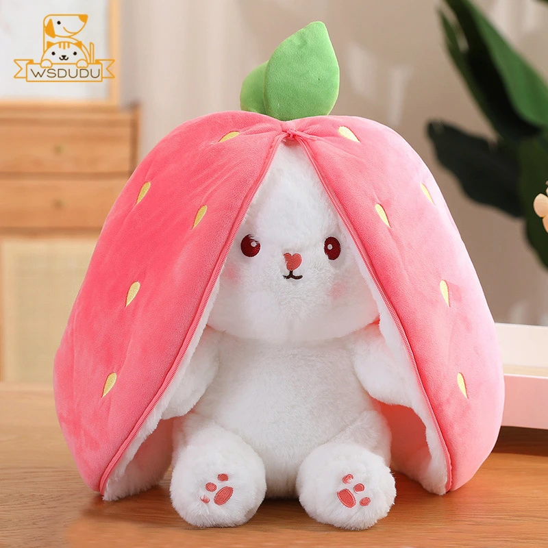 Cute Strawberry Bunny Reversible Plush Stuffed Toy Kawaii Cartoon Animals Soft Fruit Baby Rabbit Mini Pillow Doll Children Gifts