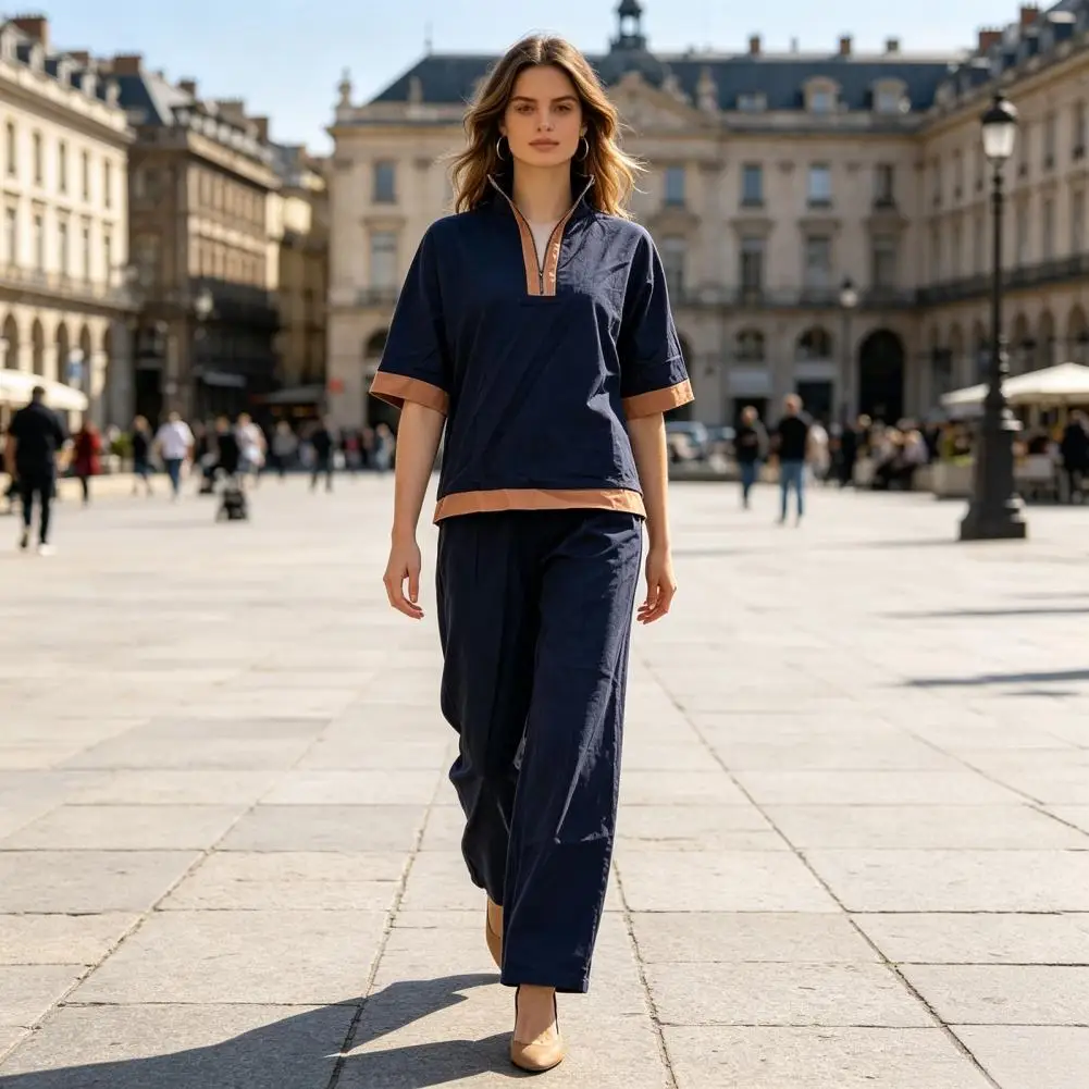 

2 Piece Cotton Linen Blend Clothes, Fashionable Half Sleeve Zip Up Top And Wide Leg Pants Summer Loose Lounge Outfits