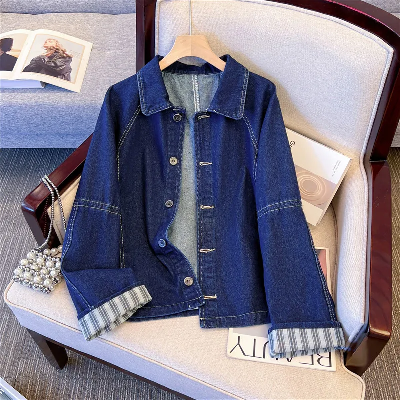 

Винтажная светло-голубая повседневная короткая джинсовая куртка, осенняя женская однобортная джинсовая куртка с лацканами и длинными рукавами, женская ковбойская верхняя одежда