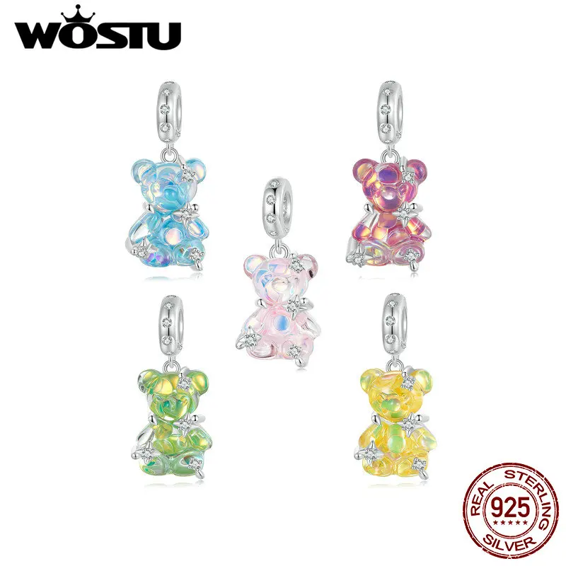 WOSTU Real 925 Sterling Silver Princess Pink Bear Bead Blue Rose Red Bears Pendant Charms Fit Bracelet Neckalce DIY Bithday Gift