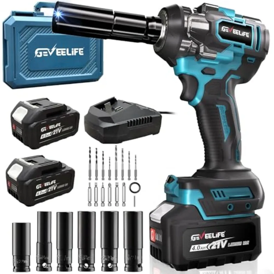 

Бесщеточный ударный гайковерт 650 Нм/480 фут-фунтов, 1/2 дюйма, аккумуляторный, с 2 аккумуляторами 4.0 Ач и 6 насадками, 3300 об/мин, электрический