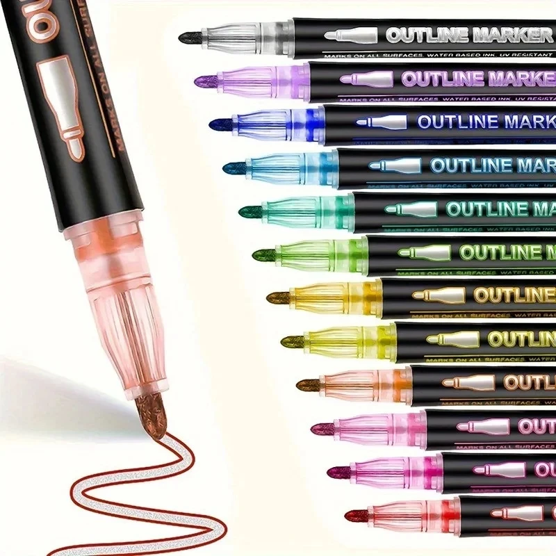 8-48 Colors Double-line Outline Pen Contour Pen Dream Flash Pen Self Contour Metallic Marker Pen DIY Handbook Fluorescent Marker