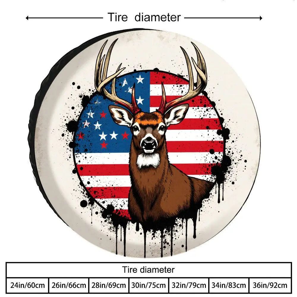 American Flag Deer Head Pattern Tire Cover | Polyester Decorative Spare Tire Cover With Vintage Graffiti Style, Universal Fit Fo