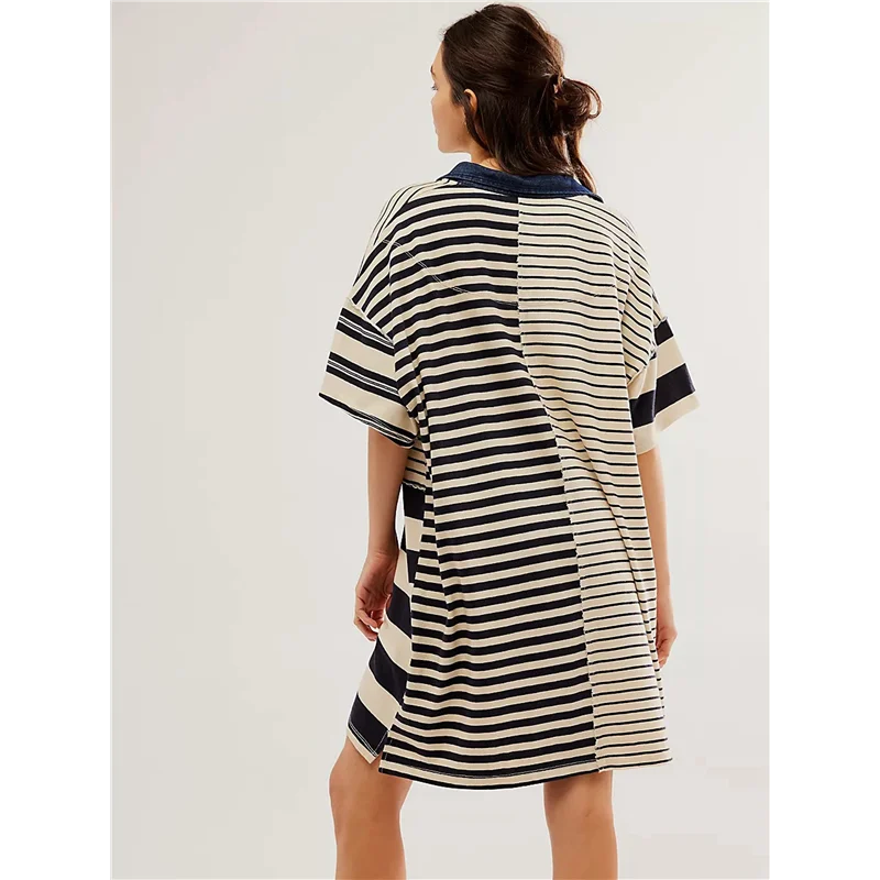 FX-Women コントラストストライプベビードール Y2k 夏パッチワーク T シャツドレスヴィンテージ V ネック半袖ドレス