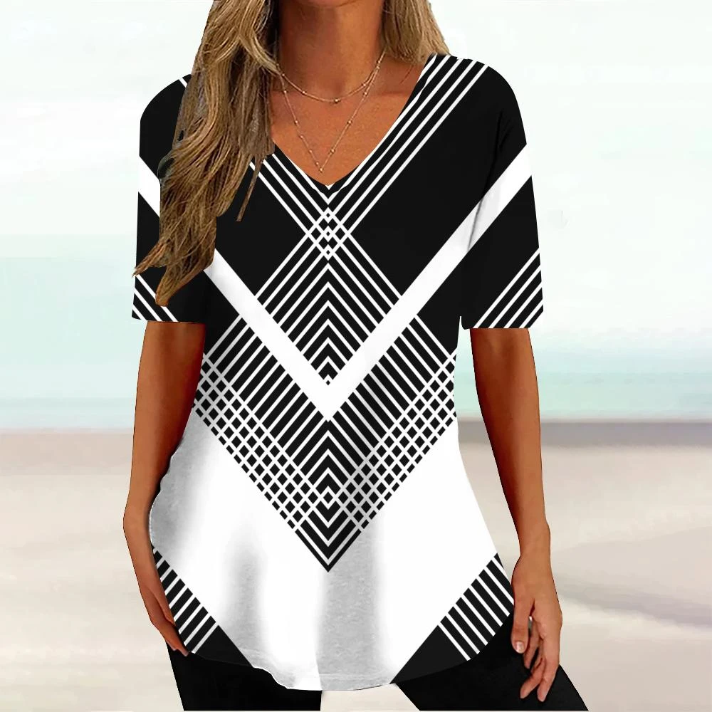 

Simple Striped Grid 3D Pattern Women's V-Neck Short Sleeved Women's T-Shirt Fashion Women Clothing Korean Popular Clothes