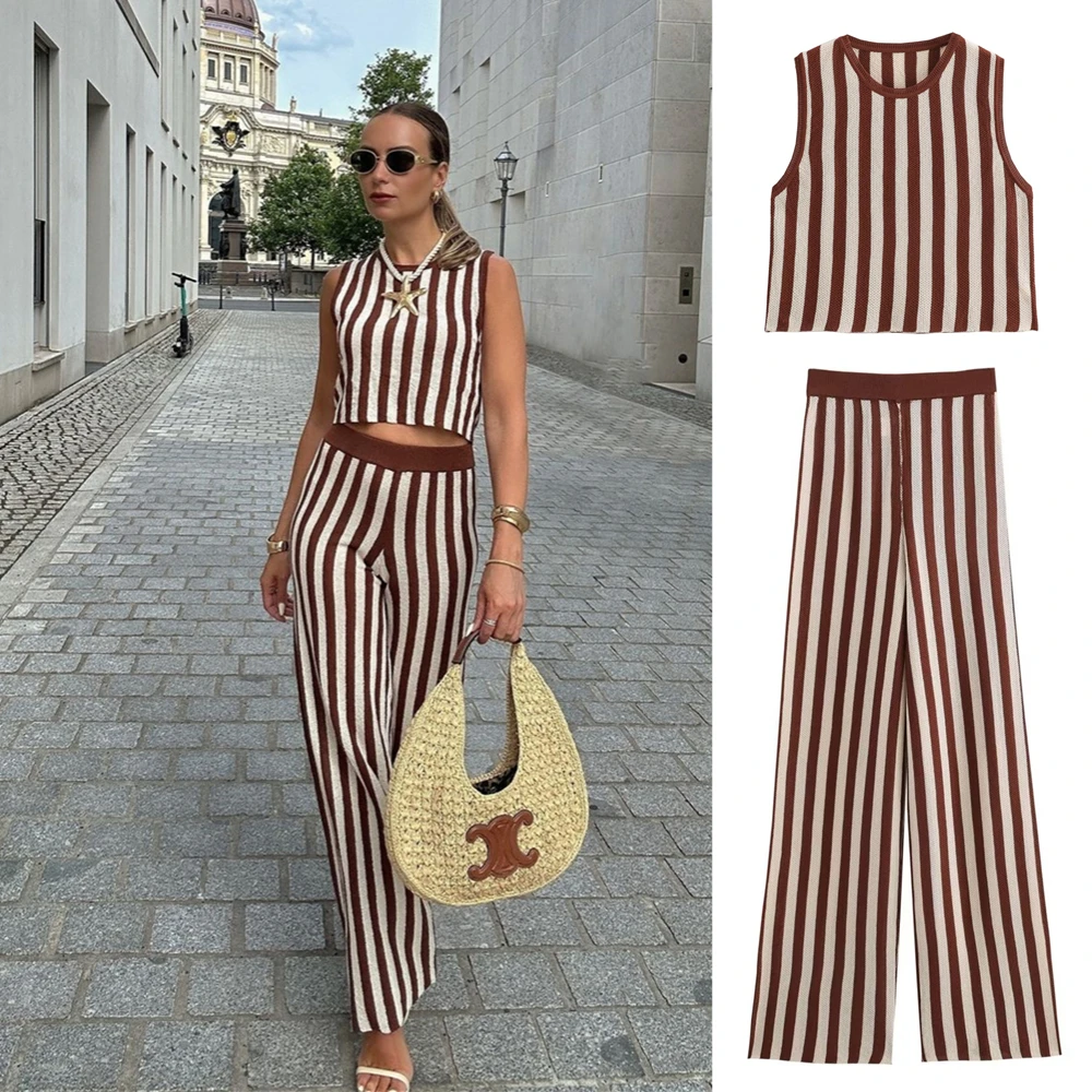 

Taop&Za women's 2024 summer new vertical striped knitted short top 8779/171 high waist knitted striped wide leg pants 8879/172