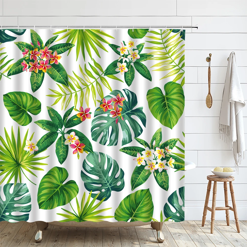 Tropical Floral Plant Shower Curtain Palm Leaves Hibiscus Plumeria Flowers Hawaiian Botanical Fabric Polyester Bathroom Curtains