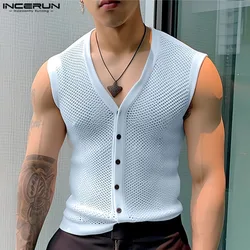 INCERUN 2024 Men Tank Tops Mesh Hollow Out Solid V Neck Sleeveless Male Vests Summer Transparent Streetwear Fashion Men Clothing