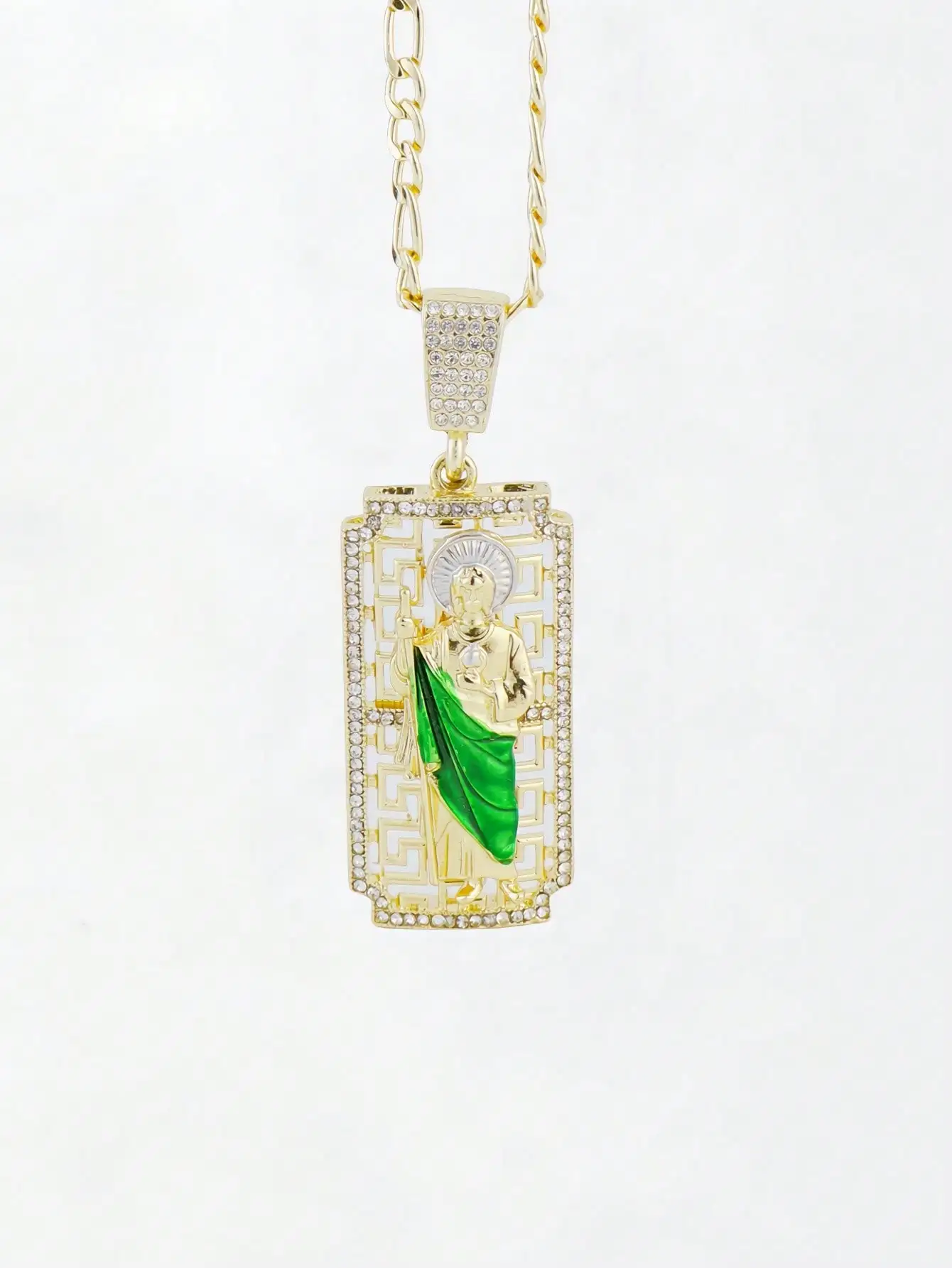 1pc Vintage Floral Green St. Jude Necklace Saint Jude Figaro Chain
