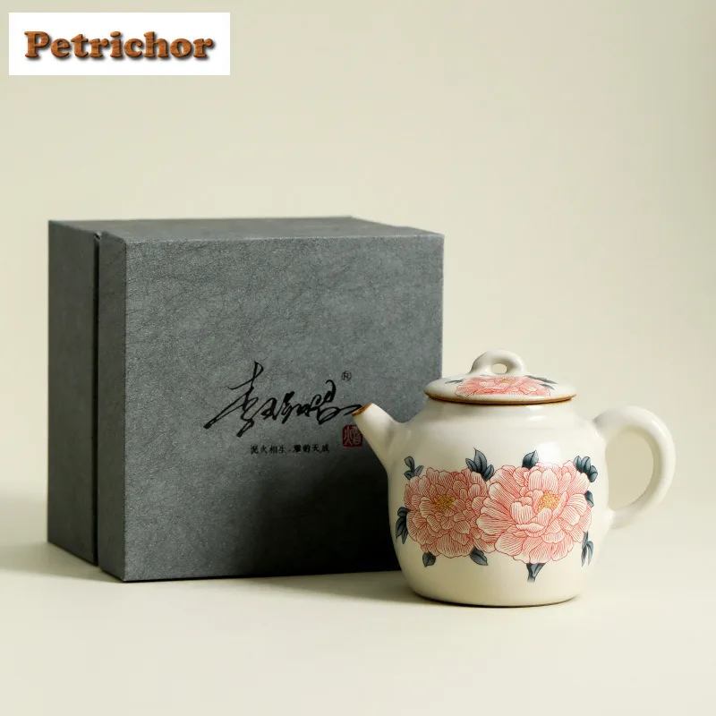 

150ml Ru Kiln Lard Jelly Peony Teapot Aesthetic Tea Infuser Pot Tea Maker Kettle with Ball Hole Drinkware Supplies Decoration