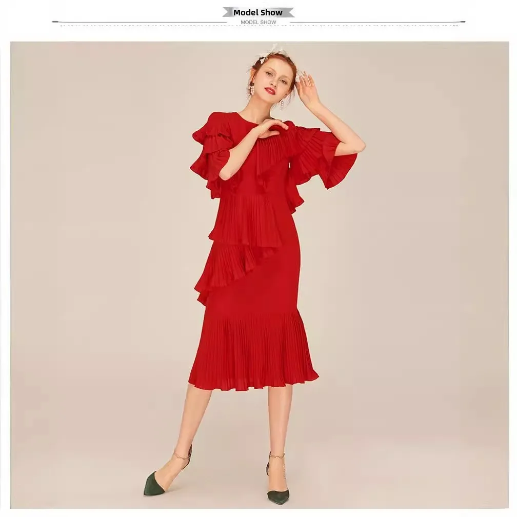 

Ele Red round Ne Pleated Skirt Dr Women's High Waist Faion Sexy Spring Autumn New Arrival GELILA Gown Dr