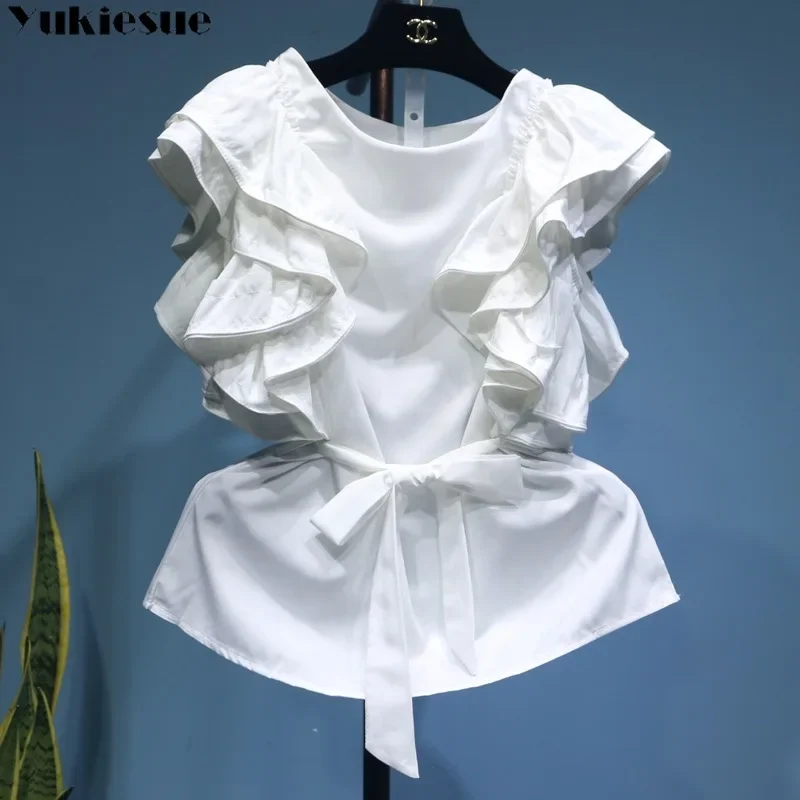

Woman Blouses 2023 Summer Korean Edition Fashion Butterfly Sleeve New Style Slim Lace Up Bow Sleeveless Round Neck Woman Tops