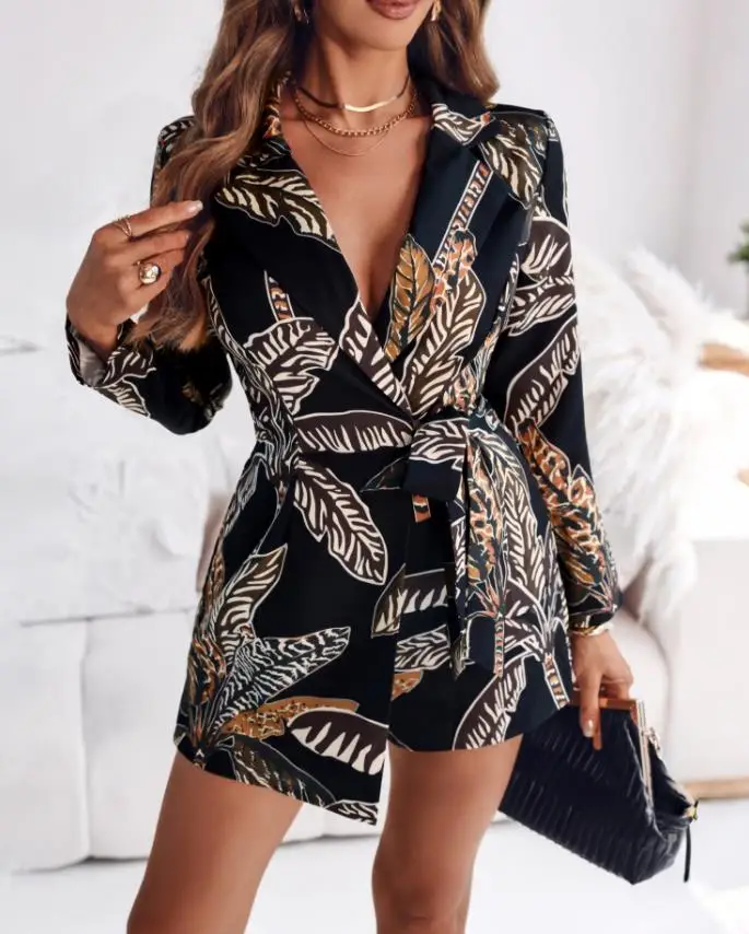 Jumpsuit Women's Fashion 2025 Spring/summer Tropical Print Notched Collar Long Sleeve Romper Casual Tied Detail Blazer Jumppsuit