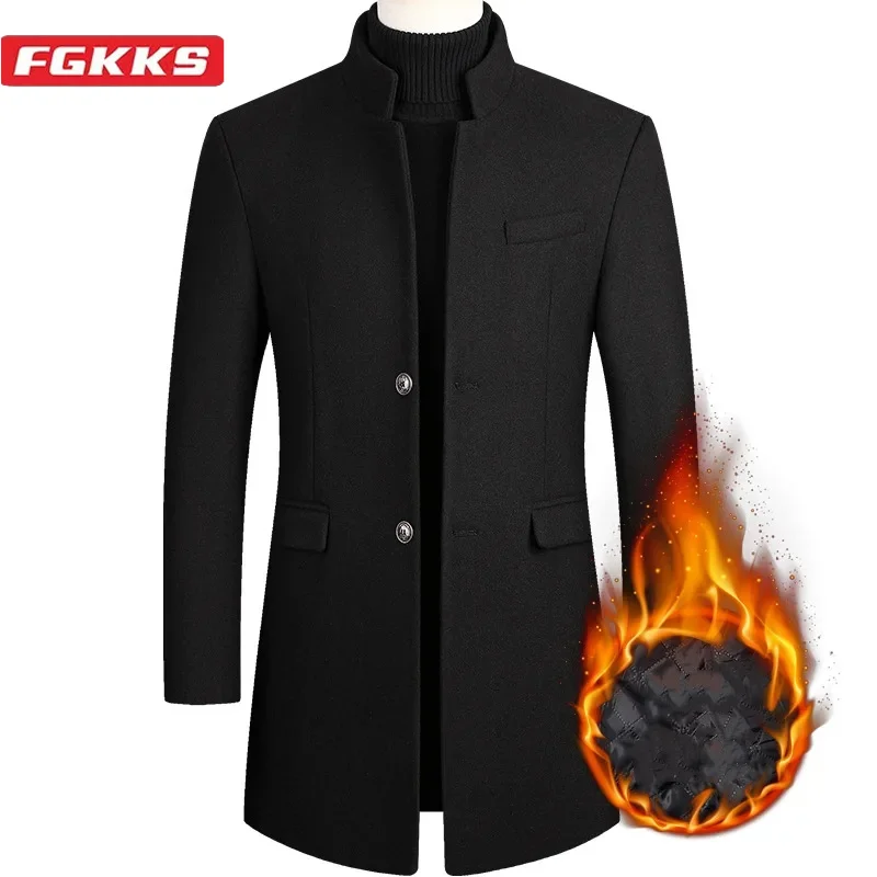 FGKKS Winter Men's Wool Blend Mid Length Trench Coat Thickened Men's Jacket Coats