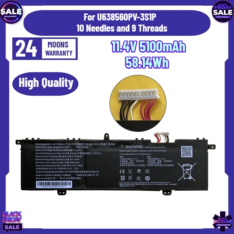 SWZY  High Quality 11.4V 5100mAh 58.14Wh Replaceable Battery Laptop Battery for U638560PV-3S1P  10 Needles and 9 Threads