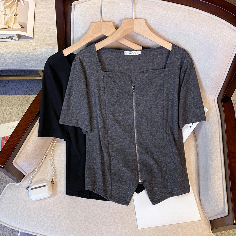 XL-4XL Large Size Zipper Cardigan T-shirt Women 2023 Summer Korean Square Collar Short Sleeve Tops Short Sleeve Solid Tshirt