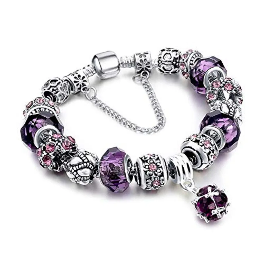 

Mother Charms Bracelet for Women Murano Glass Beads Butterfly Flower Charms Amethyst Bracelets