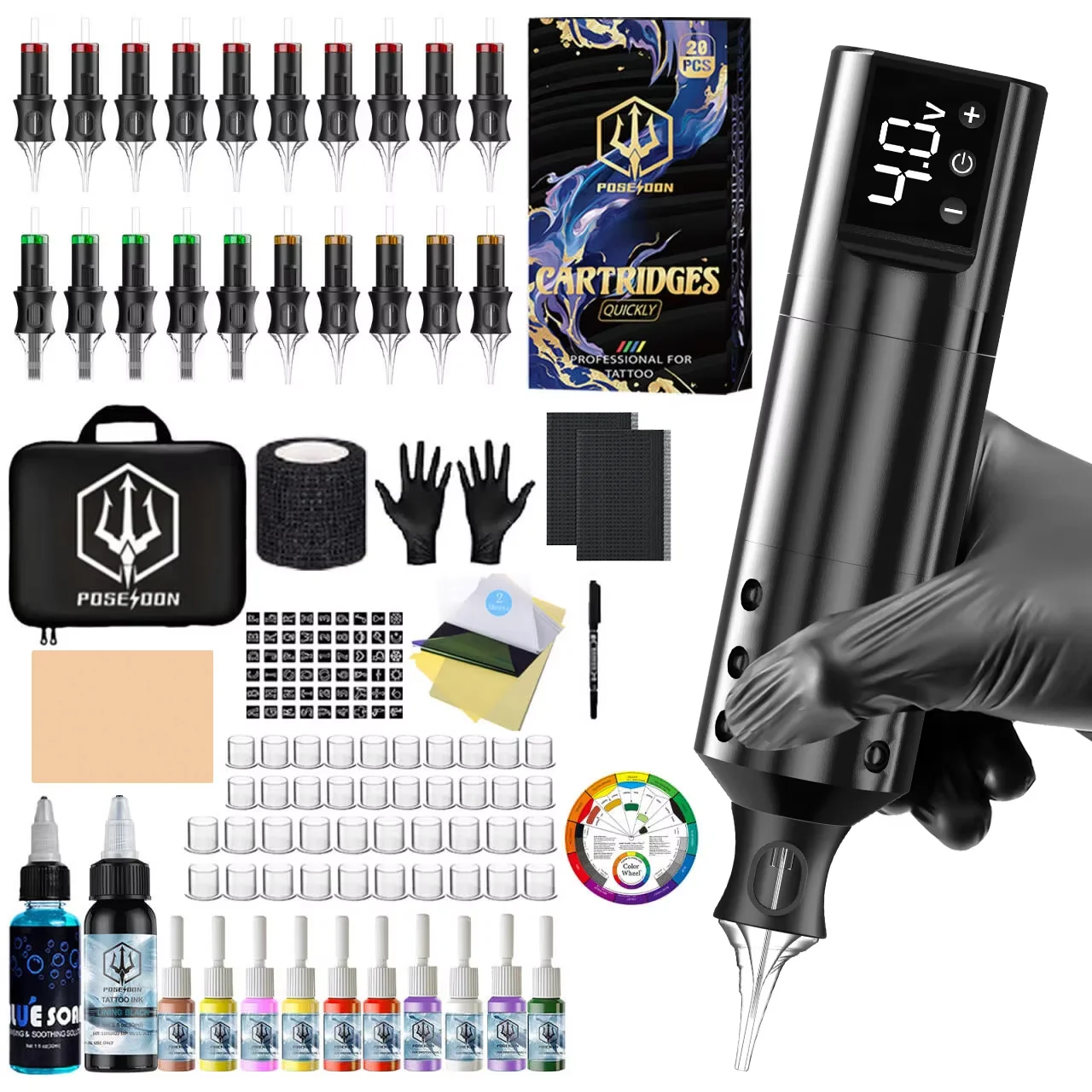 Tattoo Kit POSEIDON V5 Tattoo Nadel Tattoo Stift Kit Für Permanent Make-Up Tattoo Maschine Kit Leichte Schwarz Tattoo Gun Kit