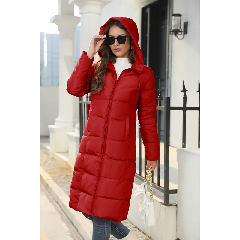 Winter Hooded Women\'s Cotton Jackets Fashion New Women Mid Length Straight Suatans Parkas Coats Ladies Solid Thick Skinny Coats