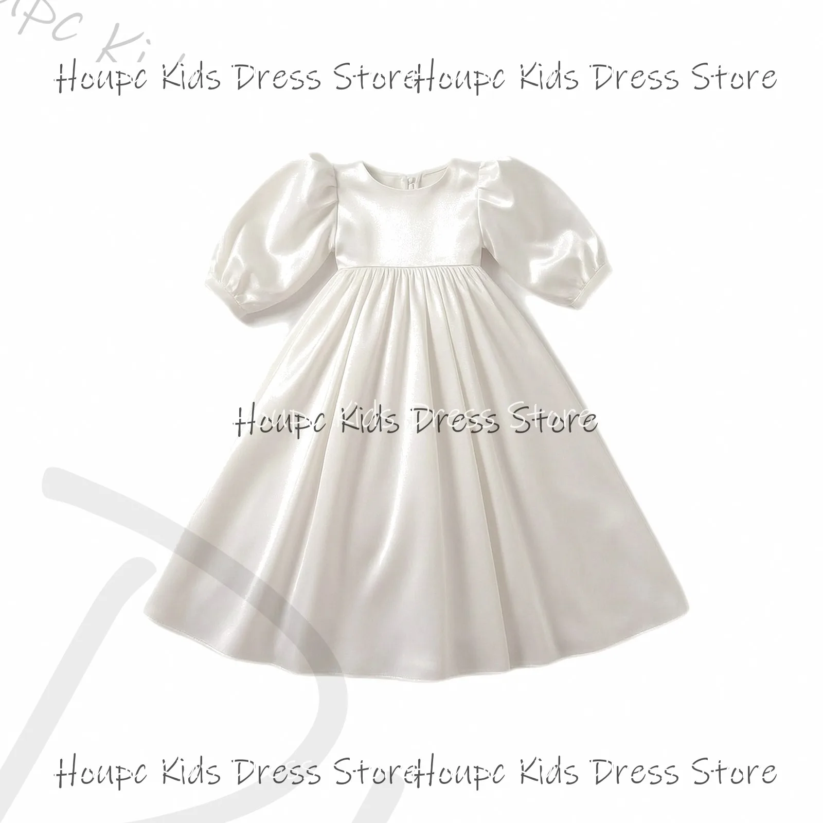 Custom Flower Girl Dresses Elegant Satin Puffed Sleeve Tea-Length Dress for Wedding Birthday Party, Evening Party, Prom Dresses