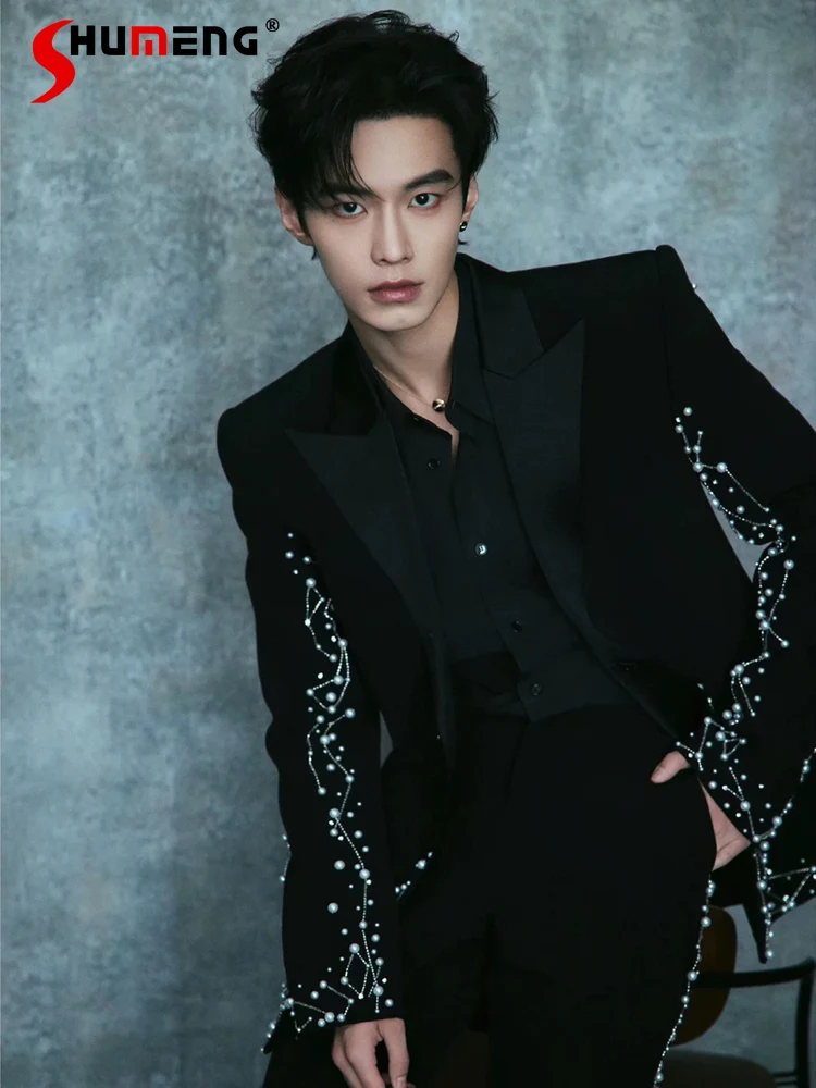 

2025 Men's Pearl Suit Sets Loose Comfort 2pcs High-end Fashion Trendy Long Sleeve Suit Jackets Male Handsome Blazers Pants Sets
