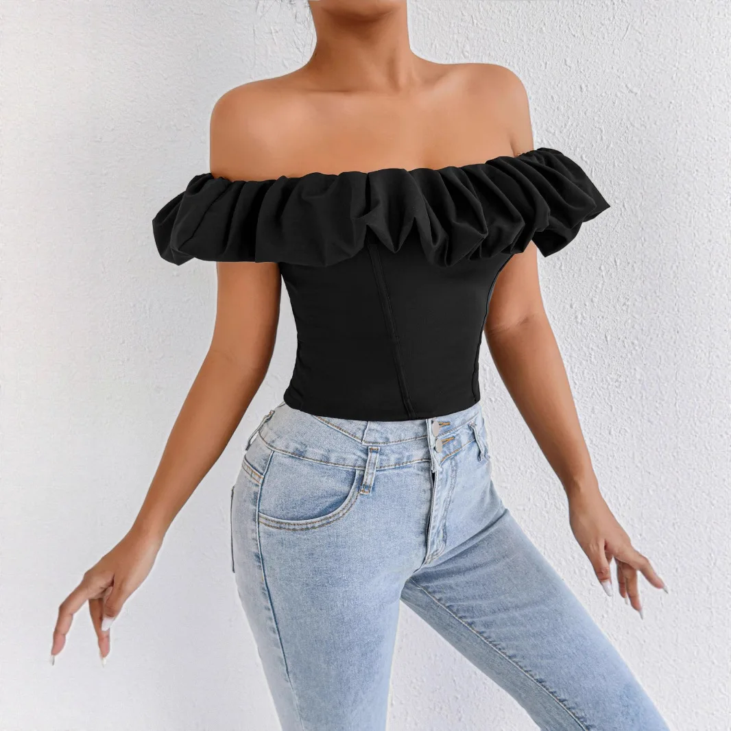 حار بيع جديد أكمام تكدرت المرأة الأعلى النمط الأوروبي والأمريكي مثير سطر واحد طوق خارج على الكتف تي شيرت #2