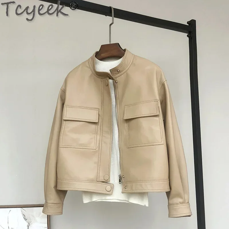 Tcyeek-Chaqueta de cuero Real para Mujer, abrigo corto de piel de oveja para motocicleta, Chaqueta de tela para Mujer 100%