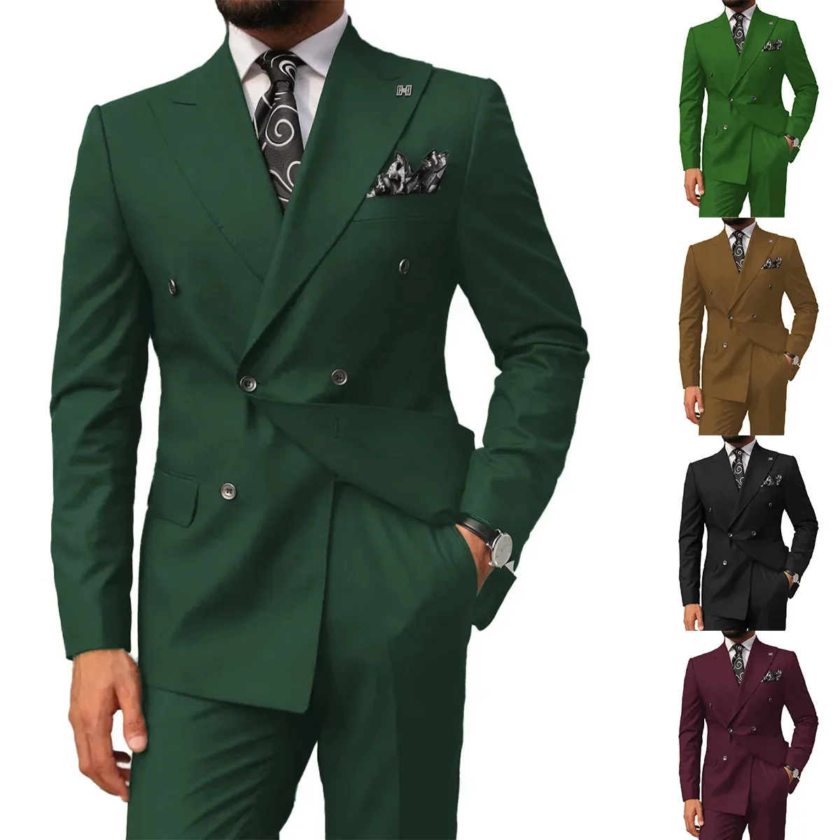 

Solid Color Men Tuxedo High-end Peaked Lapel Double Breasted Slim Suit 2 Pieces Blazer and Pants