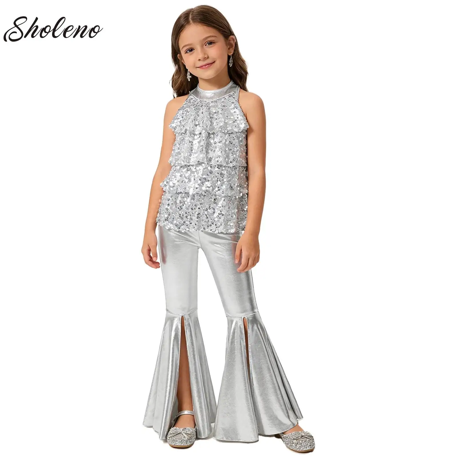 

Комплект для танцев: танцевальный костюм-комбинезон без рукавов с пайетками для девочек (самба, румба) + брюки-клеш с разрезом, диско-костюм