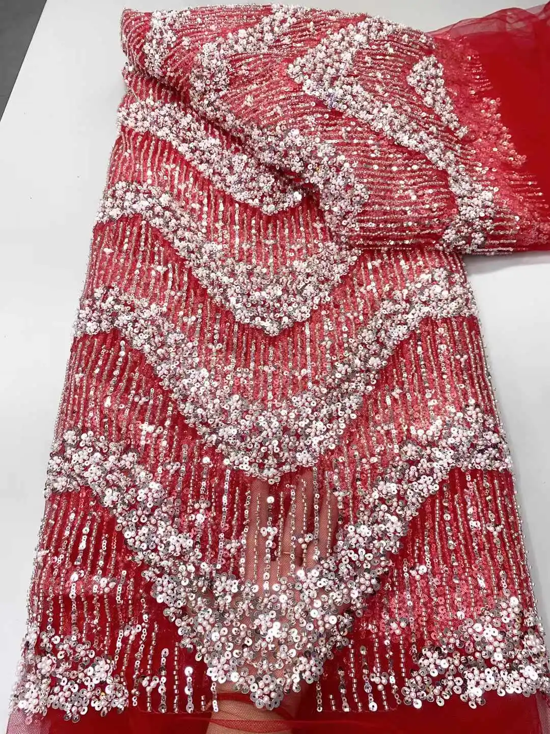 高級アフリカレース生地 2025 新高品質スパンコールフレンチビーズチュールレースナイジェリアのウェディングドレスの縫製