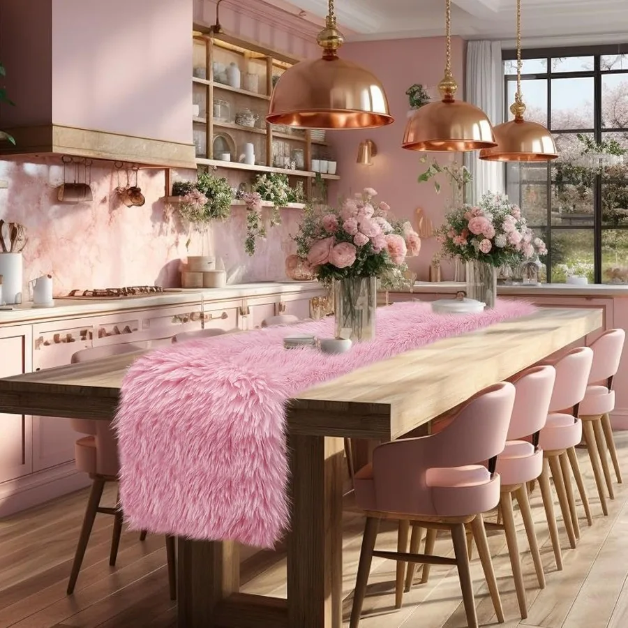 

yuboo Pink Faux Fur Table Runner 72 inches Long Fluffy Pink Preppy Girly Dresser Runner Dresser Scarf for Bedroom Furniture Van