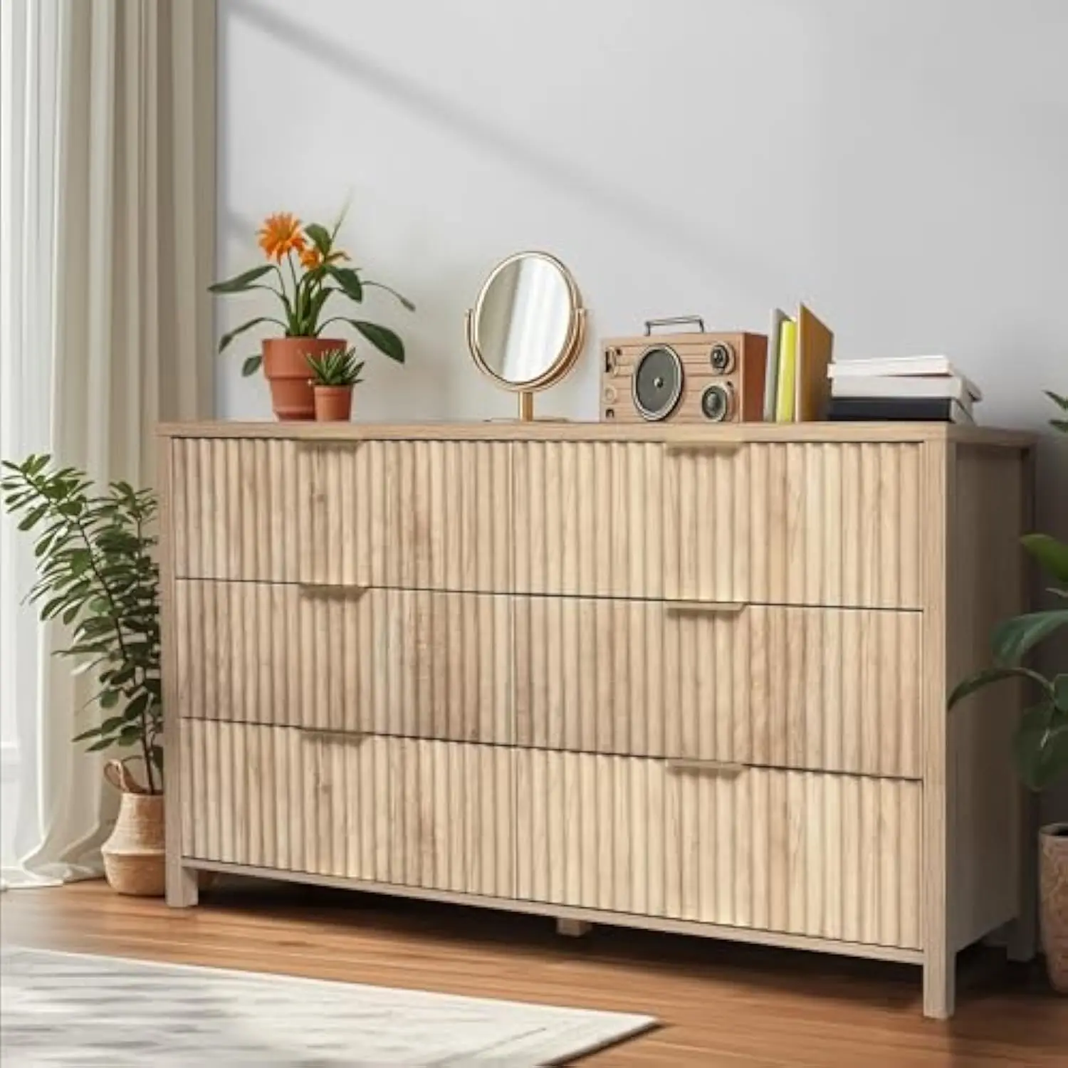 

6 Drawer Dresser with Fluted Panel, 54" Wide Chest of Drawers, Curved Wooden Dresser for Closet with Metal Wide Handles, Storag
