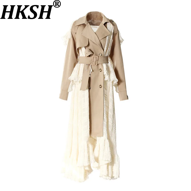 

HKSH Autumn New Women Ins Dress Niche Design Ruffles Patchwork Double Breasted Waistband Elegant High Street Windbreaker HK10049
