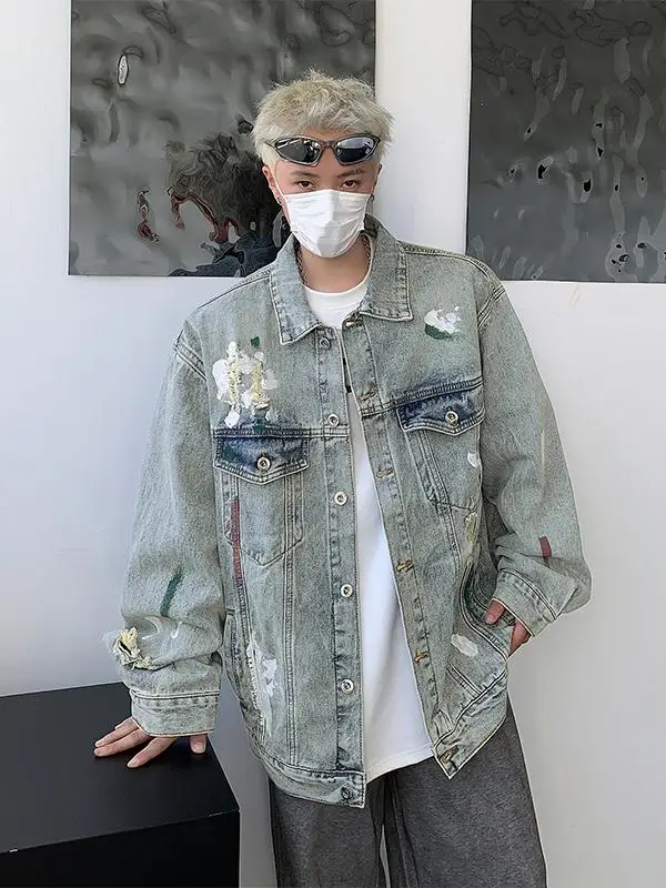 

Винтажная американская рабочая джинсовая куртка свободного кроя с эффектом брызг краски и дырками, повседневная верхняя одежда для подростков, осень