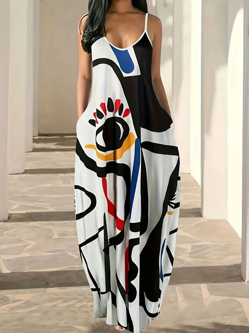 

Plus SizeNew summer cool style camisole long skirt with abstract facial style, digital print temperament, street dress for women