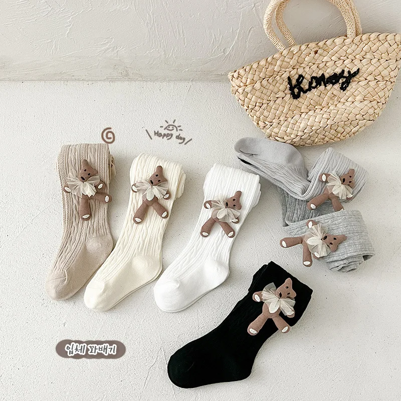 Children Cotton Tights Girls Cute Bear Bowknot Pantyhose Infant Newborn Stockings Kids Spring Autumn Casual Pants Knit Leggings