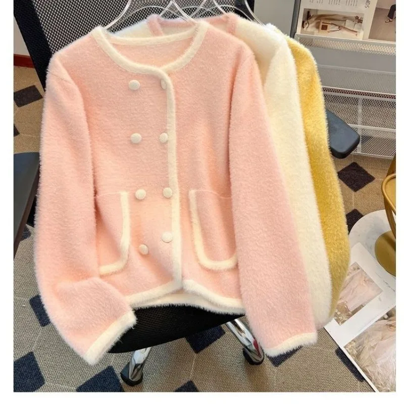 Women Autumn Winter Fashion Button Solid Color O-neck Waterproof Mink Women's Temperament A Celebrity Slim Cardigan Cardigan