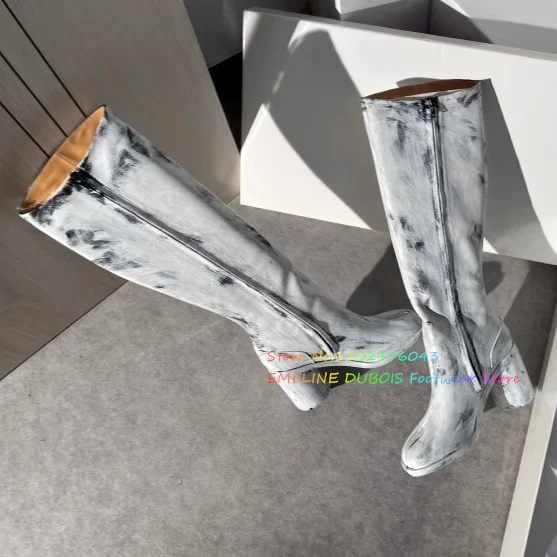 Designer Brand Zipper Knee High Boots Women Split Toe Speckled Ink Hand-painted Genuine Leather Thick Heel Fashion Shoes